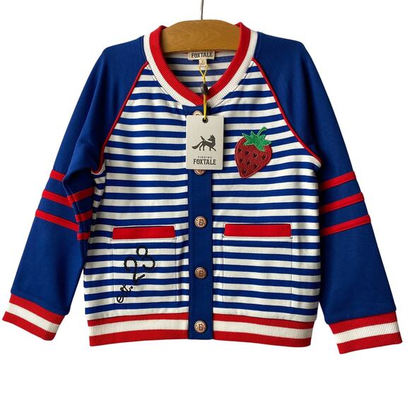 Finding‎ Foxtale Girls Varsity Bomber Jacket 5 8 Navy Red Stripes and Strawberry - Picture 1 of 7
